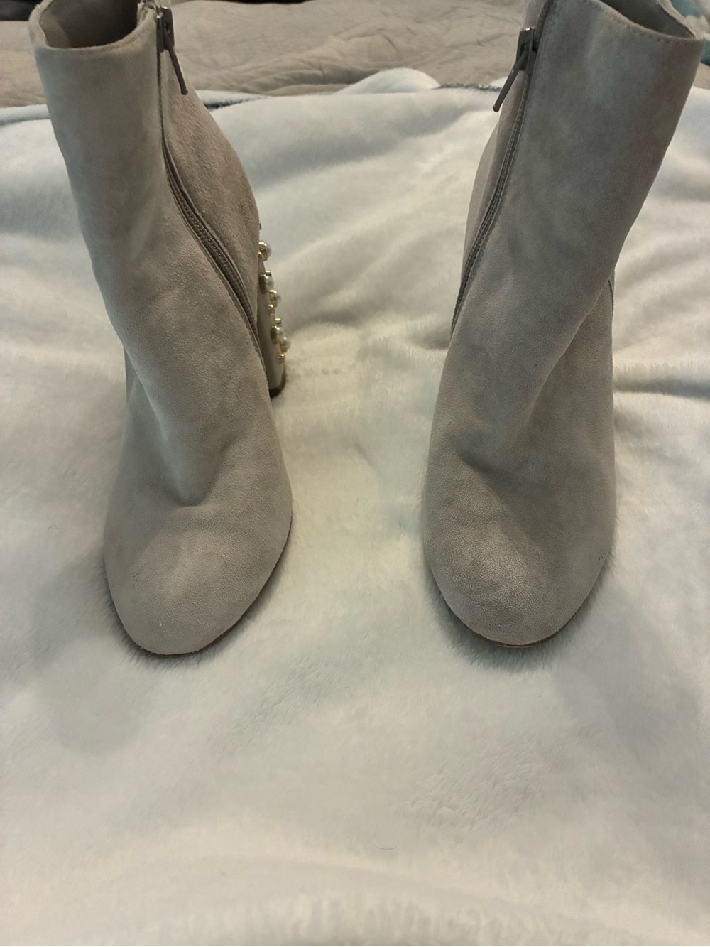 Steve Madden Light Gray Suede Pearl-Embellished Ankle Boots